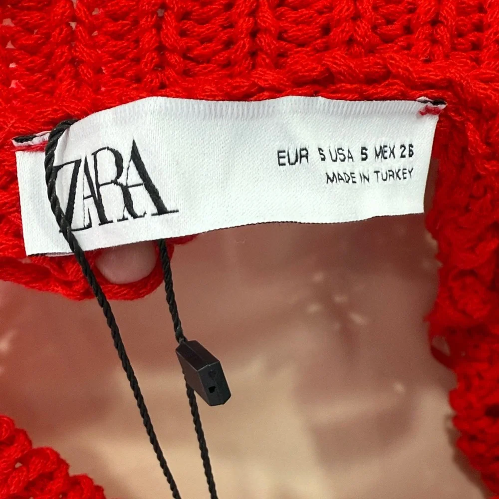 Zara Red Open Knit Crewneck Sweater